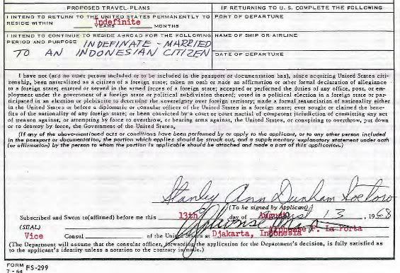 Stanley Ann Dunham Soetoro Passport Renewal 1968 signature