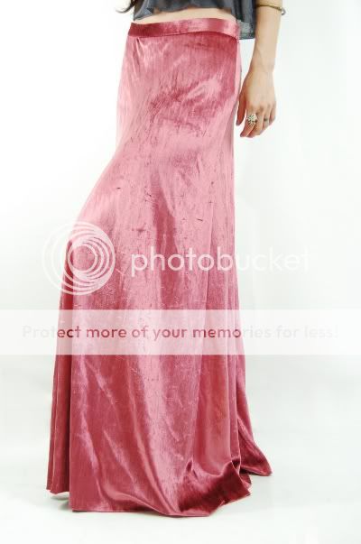 Vtg 70s Rose Pink VELVET Silky Slinky Boho FESTIVAL Maxi Skirt S/M 