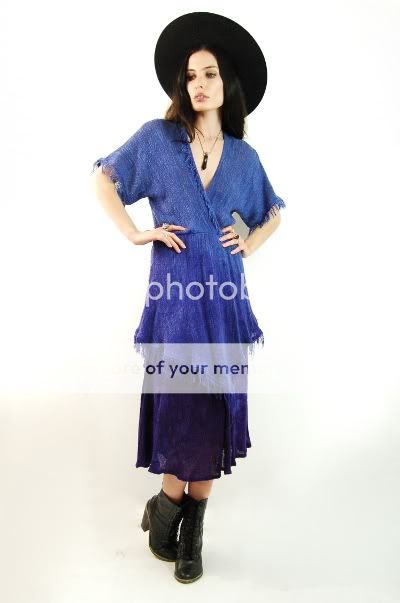   Blue Purple TIE DYE Ombre GAUZE Cheescloth FRINGE Festival Midi Dress