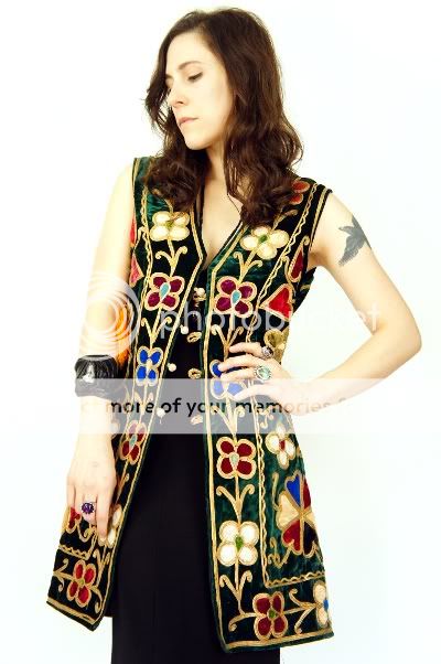 Vtg 70s VELVET Embroidered PATCHWORK Gypsy Hippie METALLIC Dress 