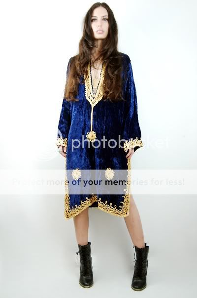 Vtg 70s Blue VELVET Gold EMBROIDERED Rocker Hippie PLUNGING V Caftan 