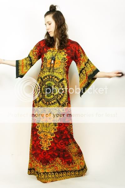   Black BATIK Ethnic BELL SLEEVE Cotton GYPSY Cosmic CAFTAN Maxi Dress S