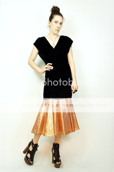  does 20s black velvet cocktail dress. Copper metallic skirt drapes 