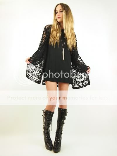 Vtg Blk Sheer ETHNIC Toggle EMBROIDERED Gothic Mod KIMONO Gypsy Dress 