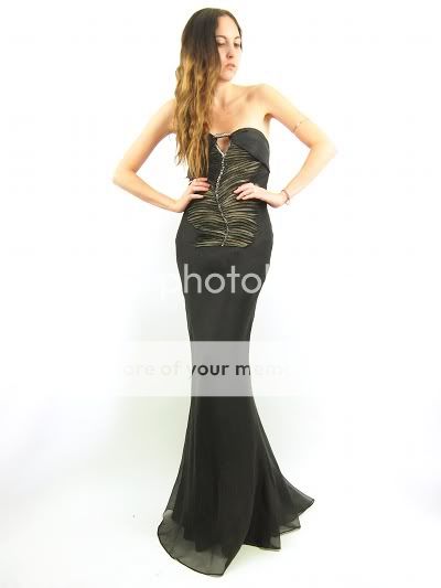   Blk Rhinestone SILK Metallic Goth RIb Cage Open Back EVENING Dress S/M