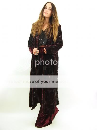 Vtg Burgundy Blk VELVET Burn Out TOGGLE Kimono Gypsy DUSTER Maxi Dress 