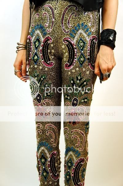 RARE Vtg FULLY BEADED Metallic RUNWAY Avant Garde COUTURE Leggings 