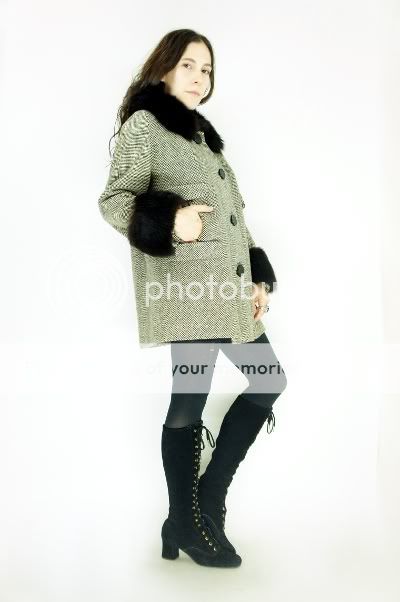 Black Houndstooth Fox Fur Swing Mod Tweed Dress Coat Jacket s M