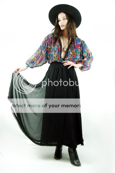 Vtg 70s Black DIANE FRES Floral Beaded 100% SILK Gypsy Boho MAXI Dress 