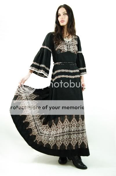   COTTON Embroidered Crochet INDIA Festival BELL SLV Maxi Dress  