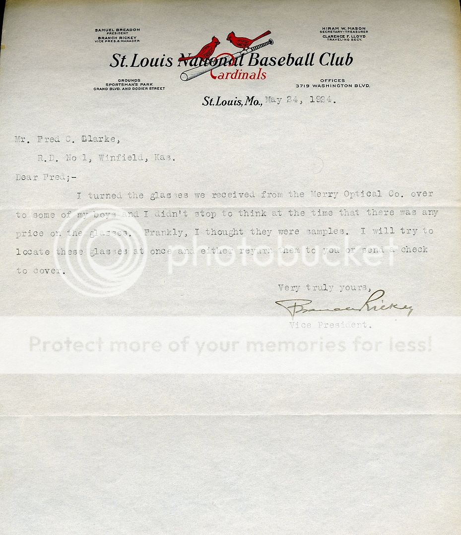 BRANCH RICKEY SIGNED JSA 1924 LETTER ST LOUIS CARDINALS  